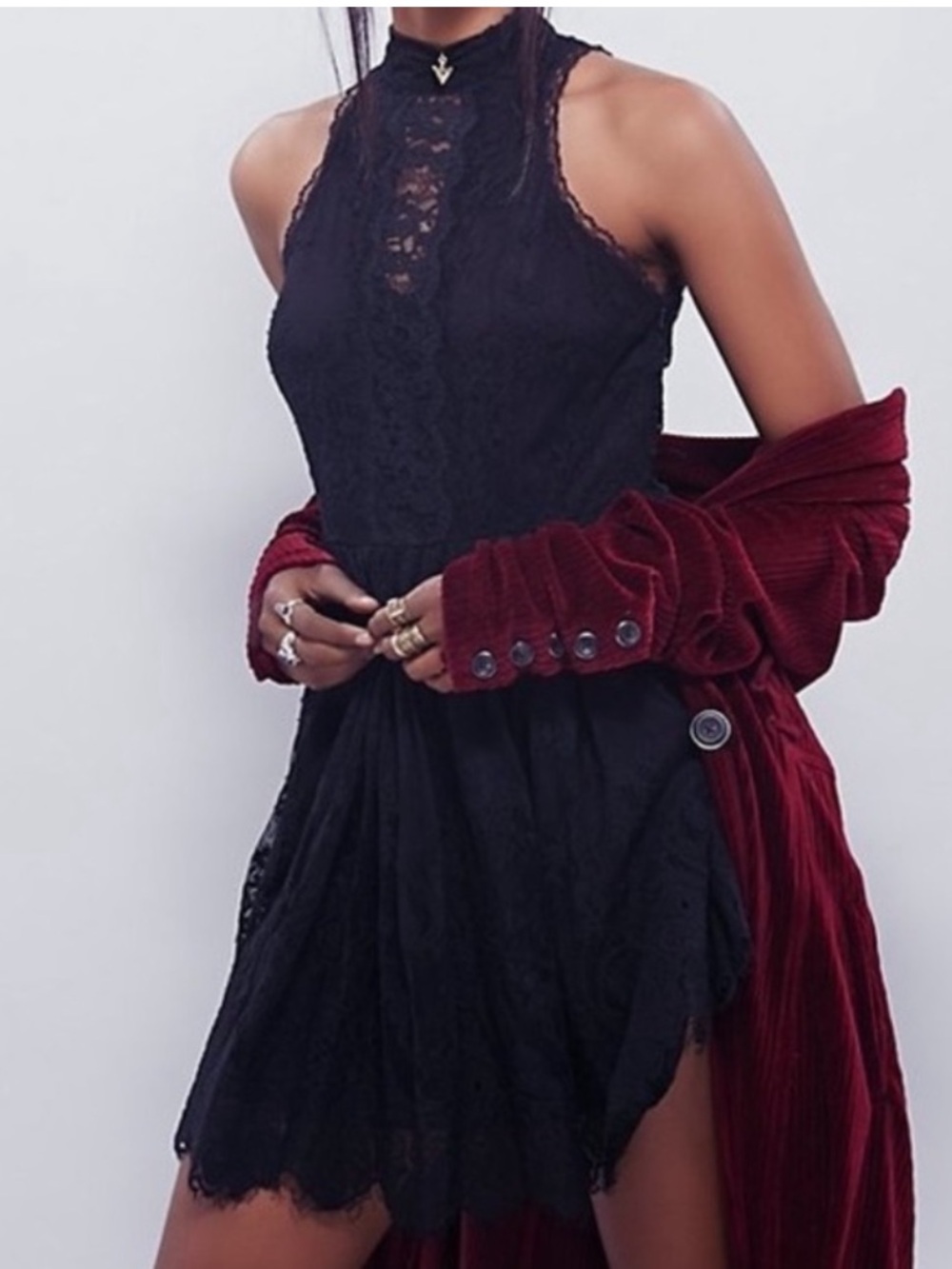 Free People Verushka Mini Dress Sz 4 Black Lace Mock‎ Neck Whimsigoth Witchy